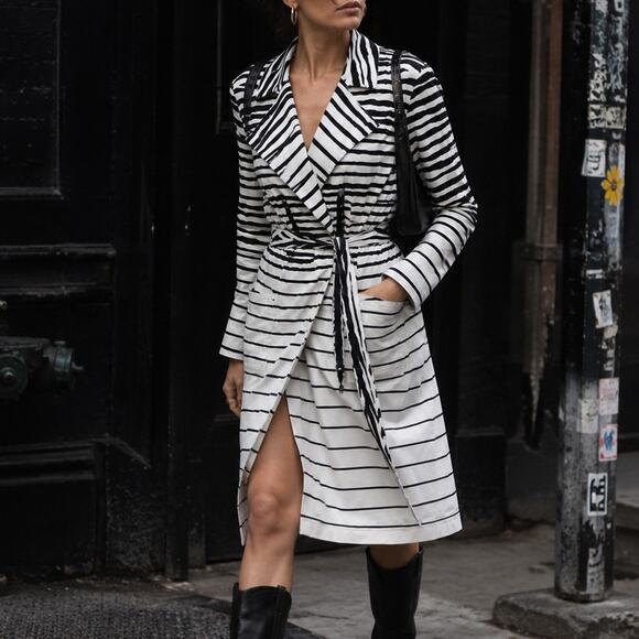 Alexander McQueen Jackets & Blazers - Alexander McQueen Vintage Black White Striped Belted Trench Coat